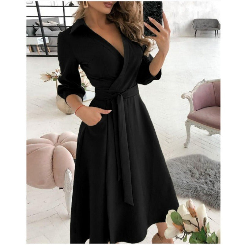 Women’s Wrap Dress - V-Neckline - Fitted Waist with Sash - Three-Quarter Sleeve Midi
