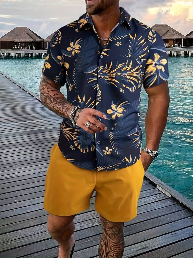 Men’s Short-Sleeve Button-Up Shirt – Tropical Floral Print – Casual Lightweight Wear