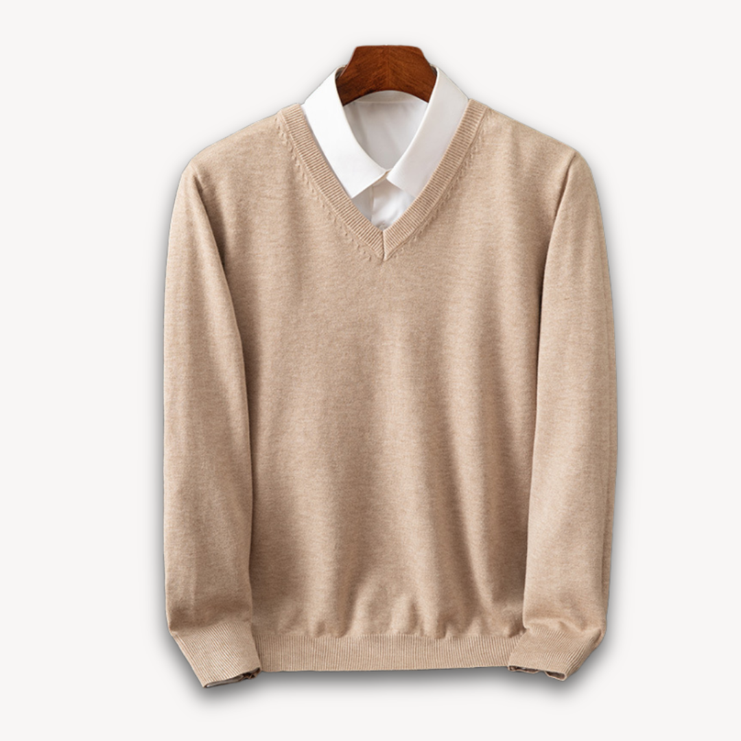 Men’s V-Neck Sweater – Slim Fit – Lightweight Cashmere – Ribbed Trim – Versatile Style