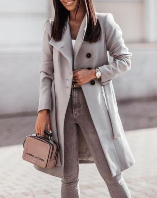 Women’s Long Coat – Tailored Fit – Wool Blend – Belted Double-Breasted – Notched Lapel