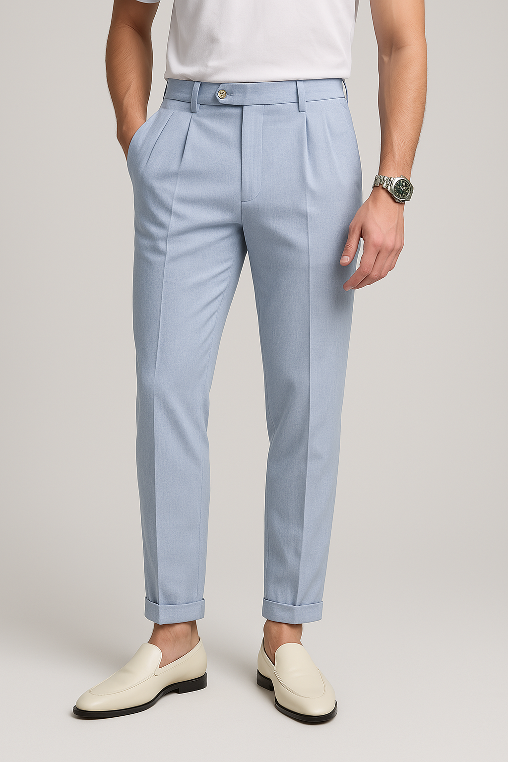 Men’s Straight-Leg Trousers – High Waist – Pleated Front – Textured Breathable Fabric