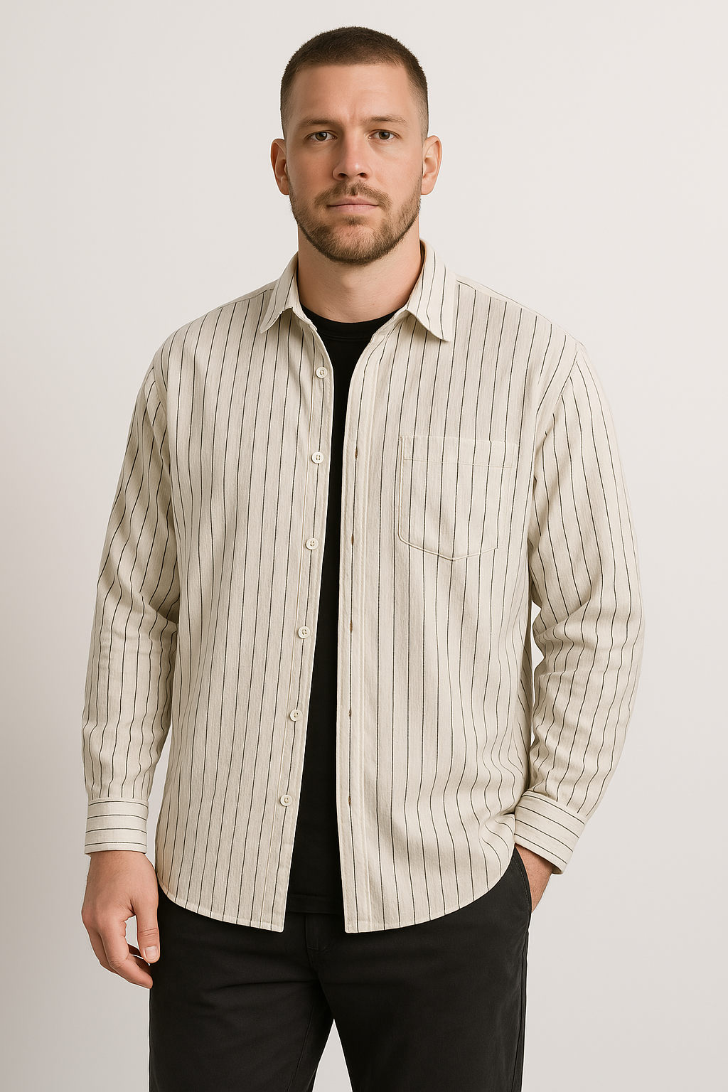Men’s Long Sleeve Shirt – Relaxed Fit – Breathable – Striped Casual Button Down