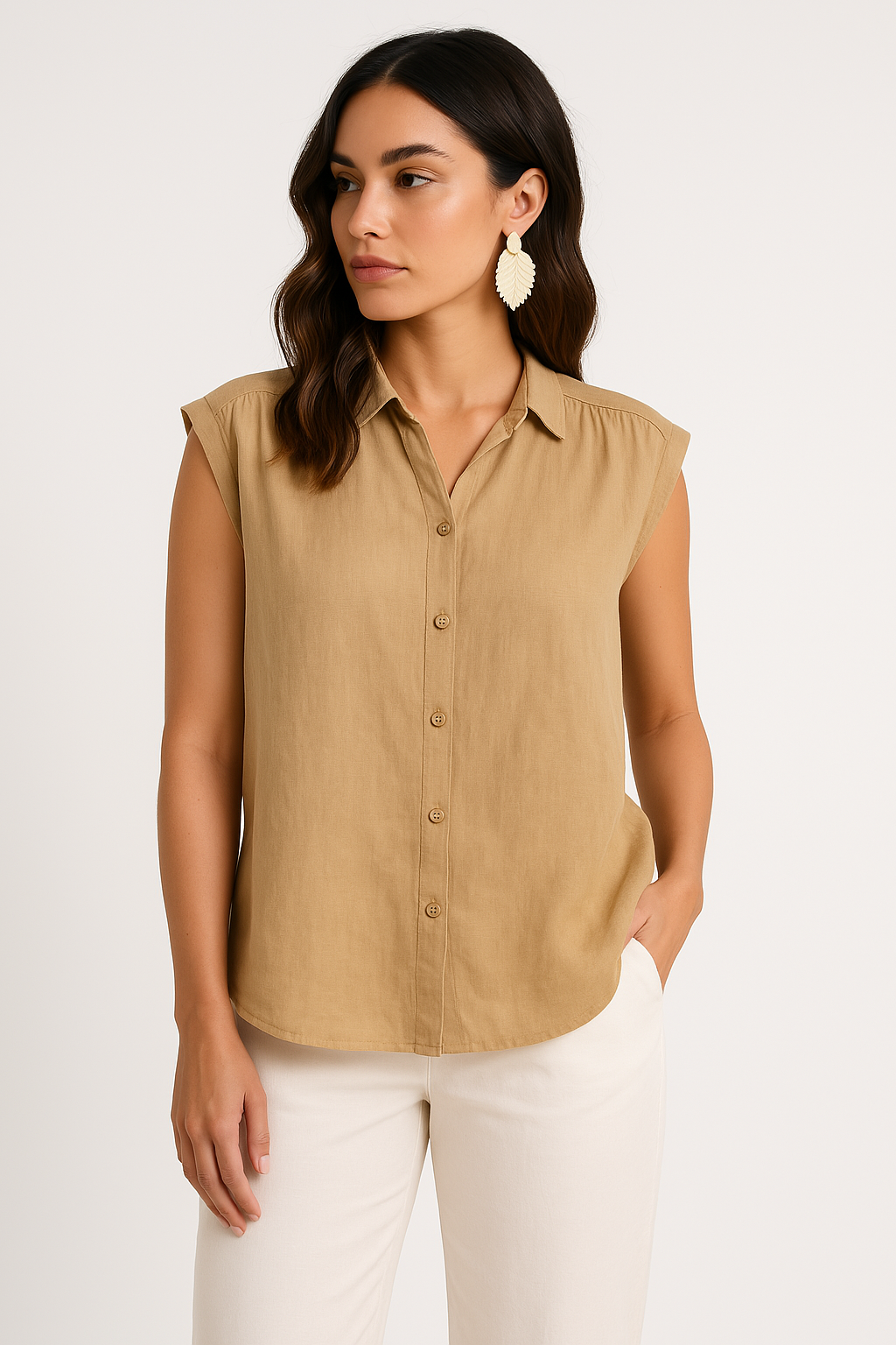 Women’s Sleeveless Blouse – Cotton Linen Blend – Relaxed Fit – Button Down Collar