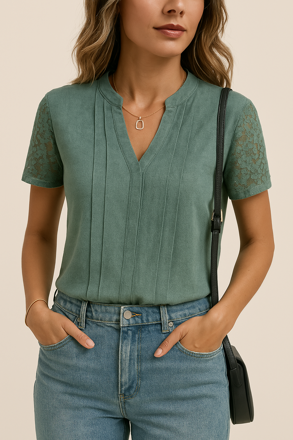 Women’s V-Neck T-Shirt – Lace Sleeve – Relaxed Fit – Soft Breathable Cotton Blend