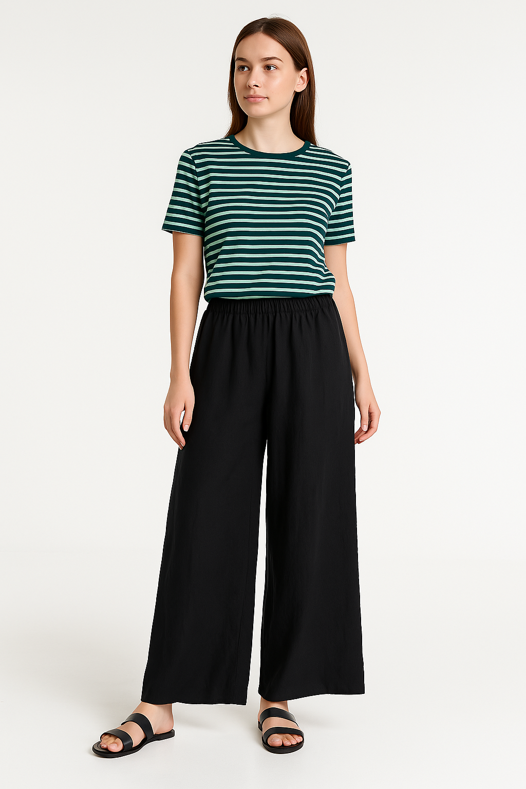 Women’s Wide-Leg Pants – Relaxed Fit – Linen-Look Fabric – Elastic Waist – Full Length