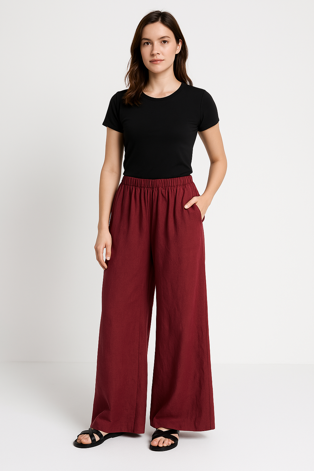 Women’s Wide-Leg Pants – Relaxed Fit – Linen-Look Fabric – Elastic Waist – Full Length