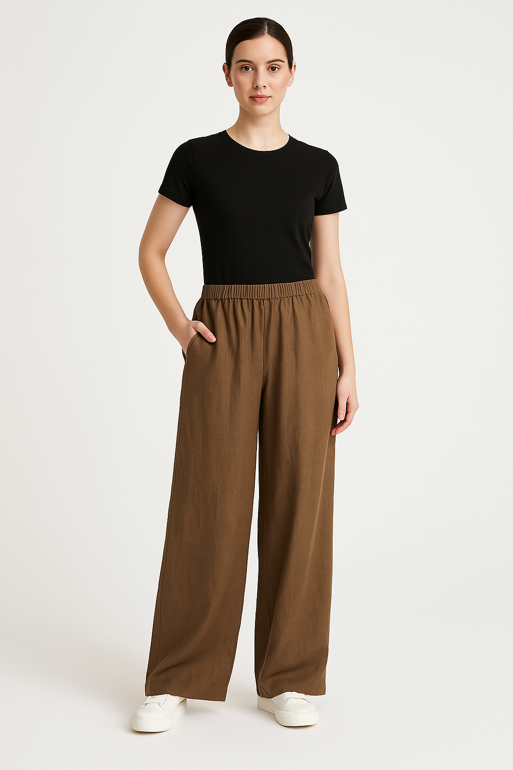 Women’s Wide-Leg Pants – Relaxed Fit – Linen-Look Fabric – Elastic Waist – Full Length
