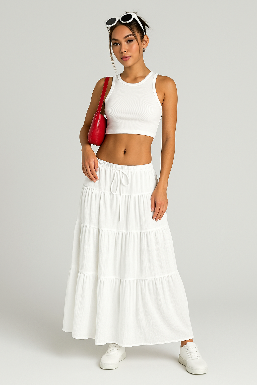 Women’s Long Skirt – Cotton Blend – A-Line Fit – Tiered Layers – Drawstring Waist