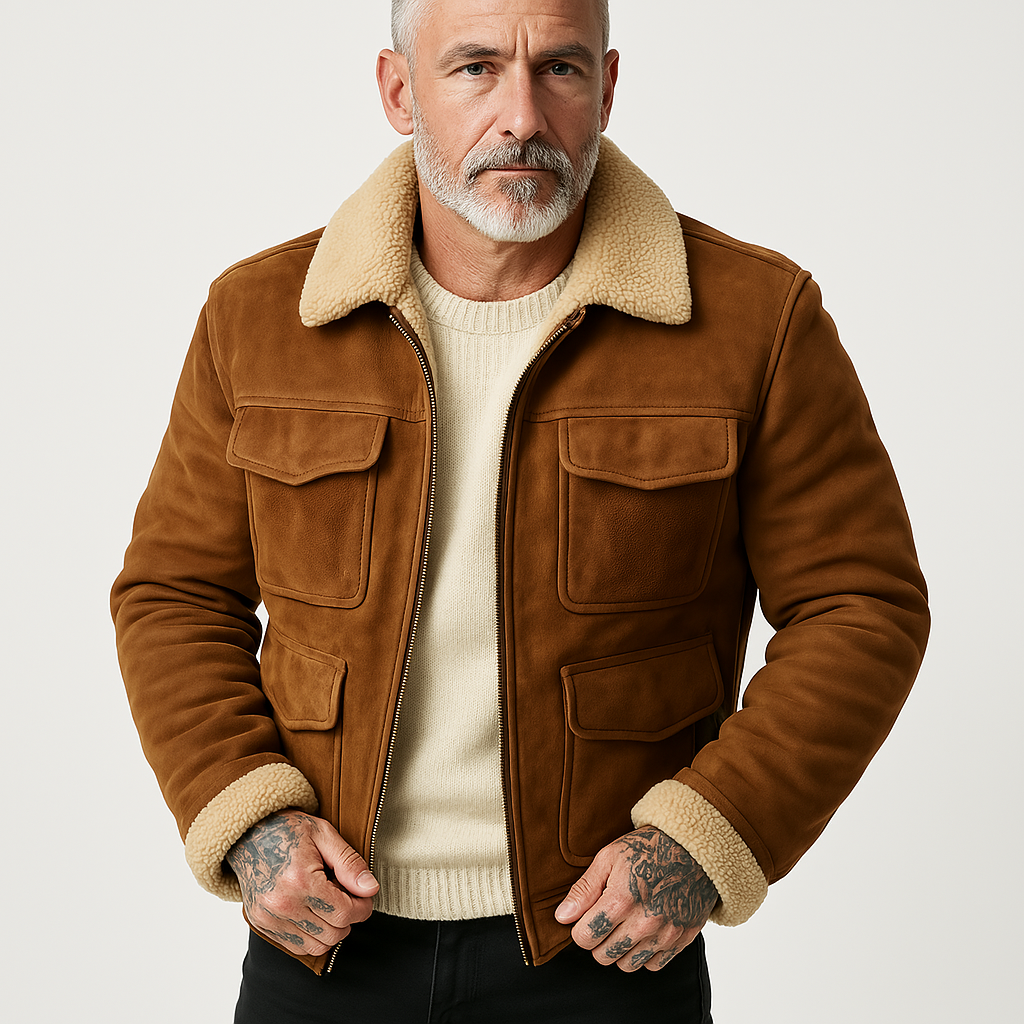 Men’s Shearling Jacket – Suede-Like Outer – Structured Fit – Zip Front – Flap Pockets