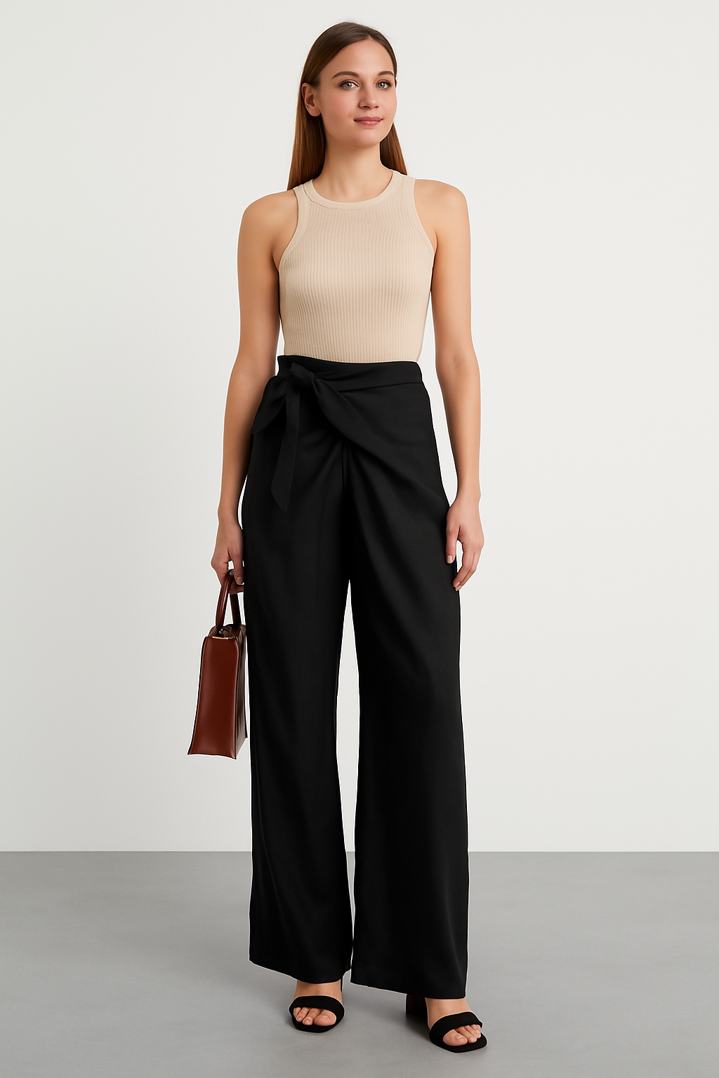 Women’s Wide-Leg Trousers – High Waist – Tie Belt – Lightweight Cotton – Full Length
