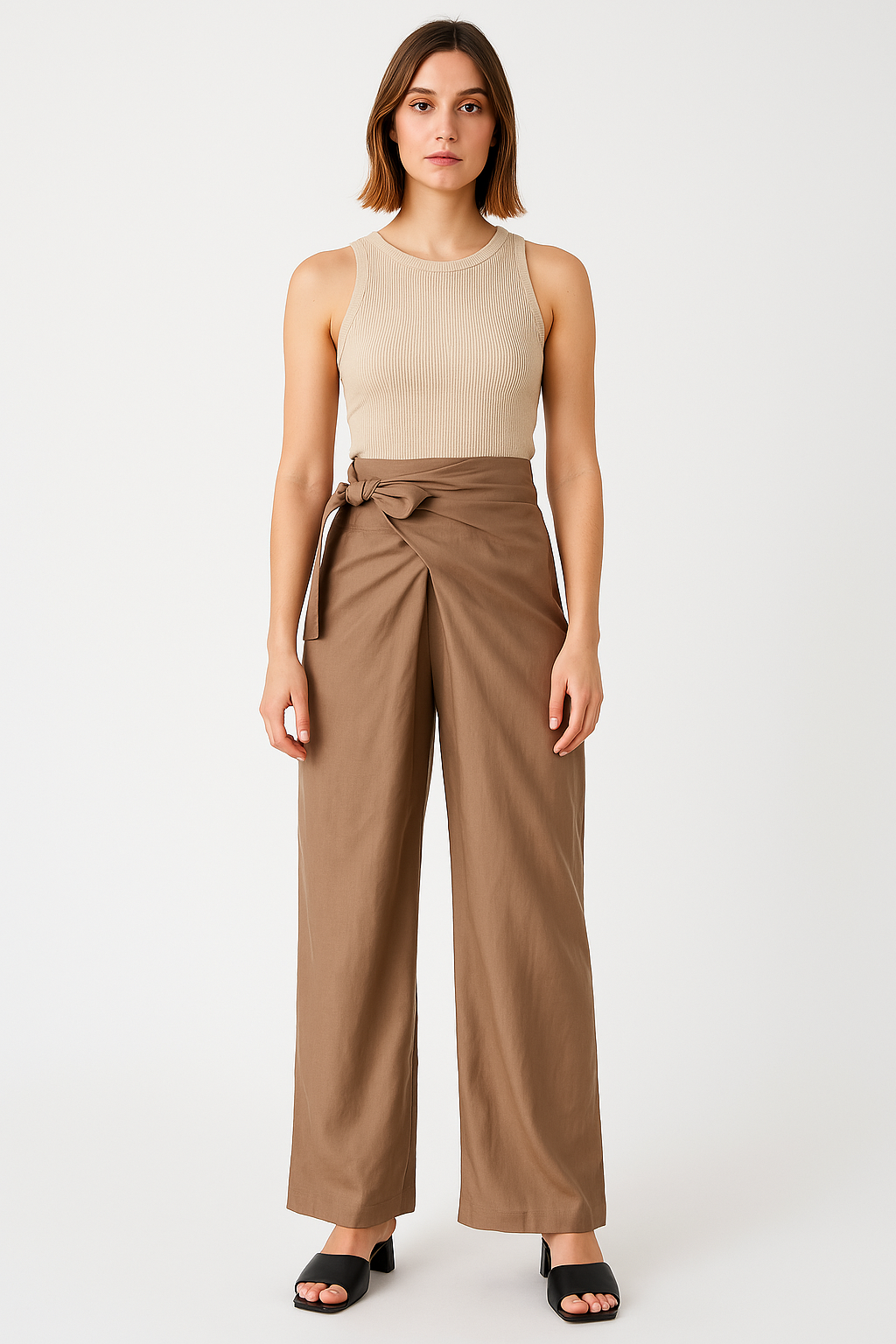 Women’s Wide-Leg Trousers – High Waist – Tie Belt – Lightweight Cotton – Full Length