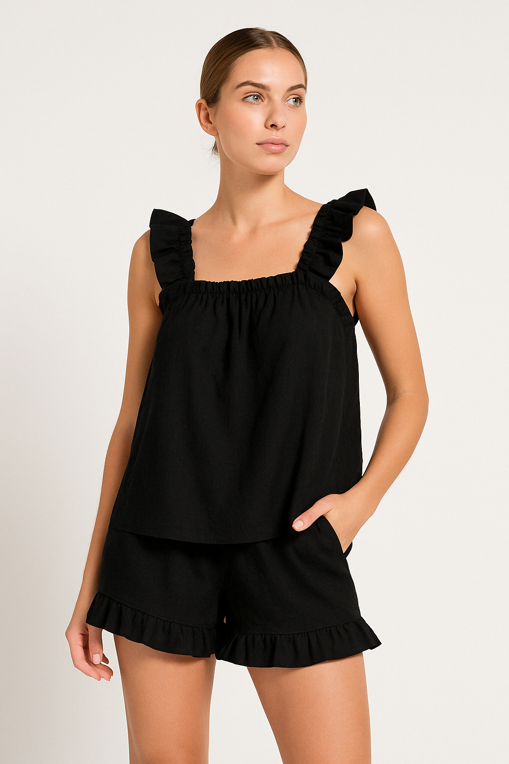 Women’s Sleeveless Top – Relaxed Fit – Ruffled Straps – Lightweight Breathable Fabric