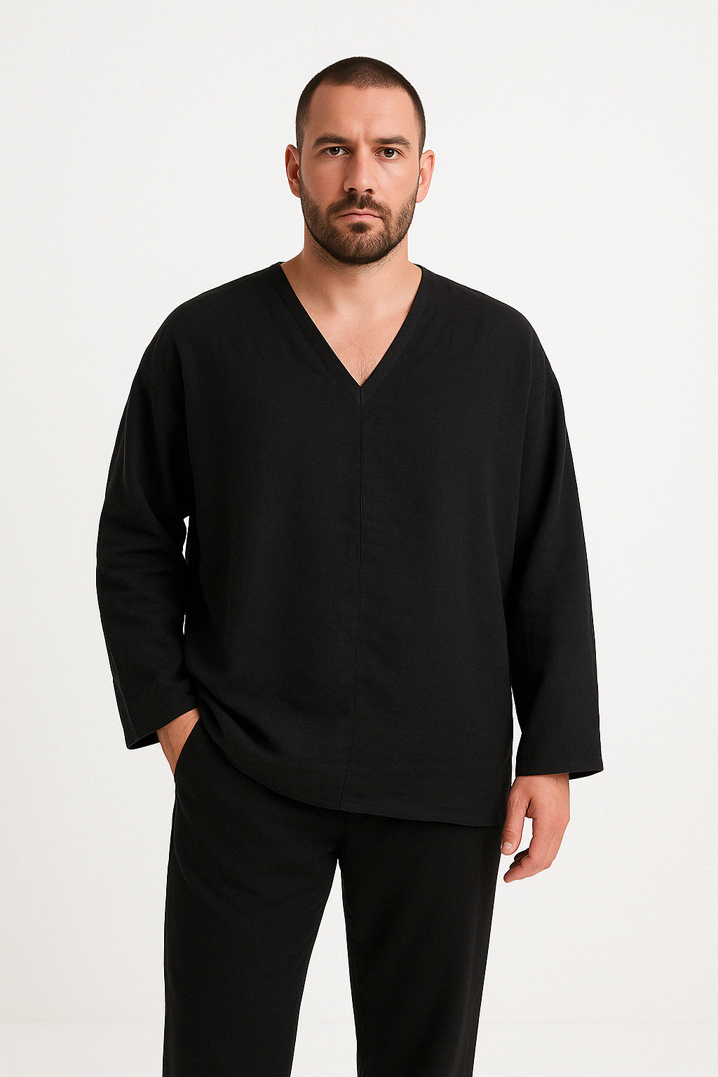 Men’s Linen Shirt – Relaxed Fit – V-Neck – Long Sleeve – Breathable Casual Wear