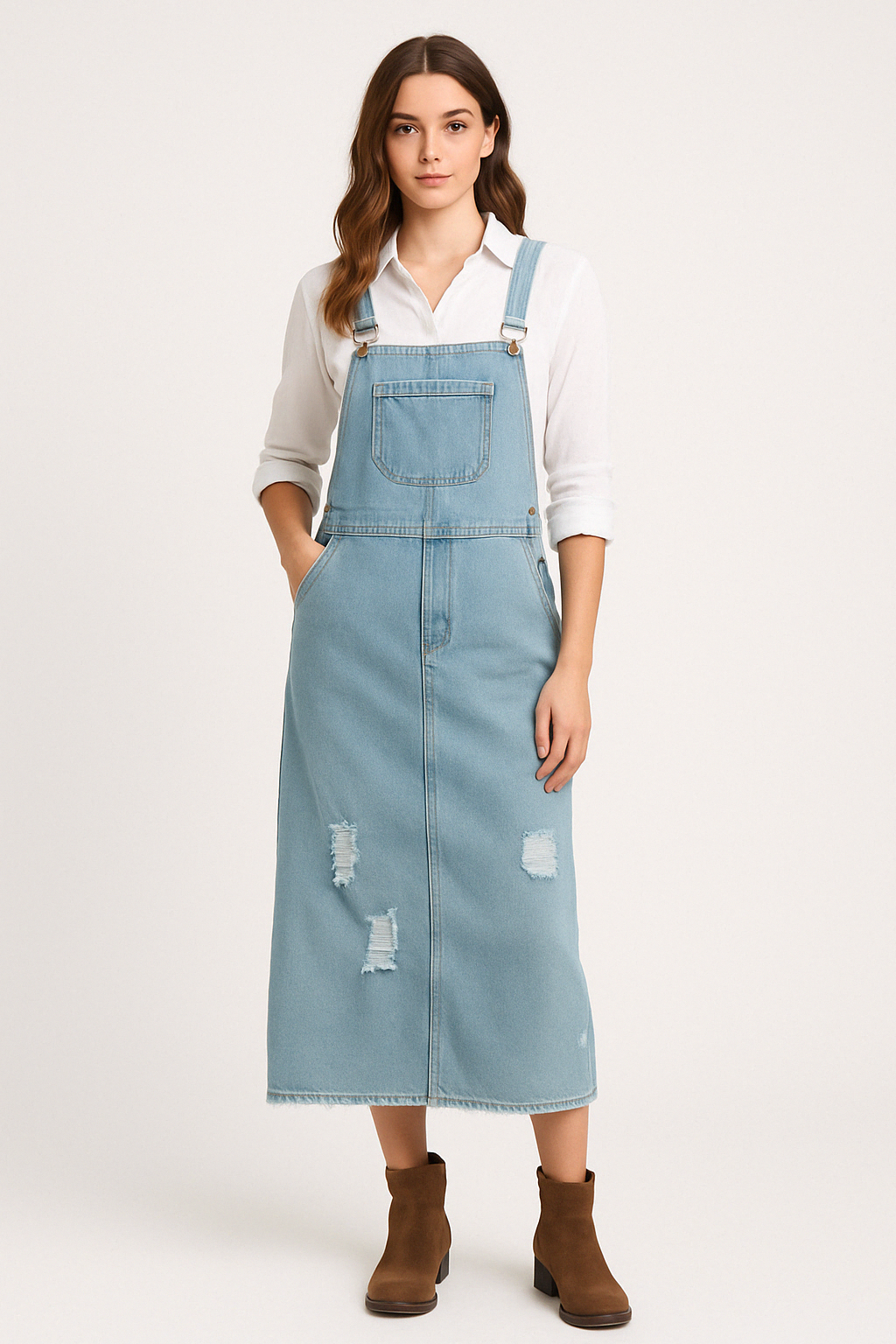 Women’s Denim Midi Dress – Relaxed Fit – Adjustable Straps – Distressed Finish