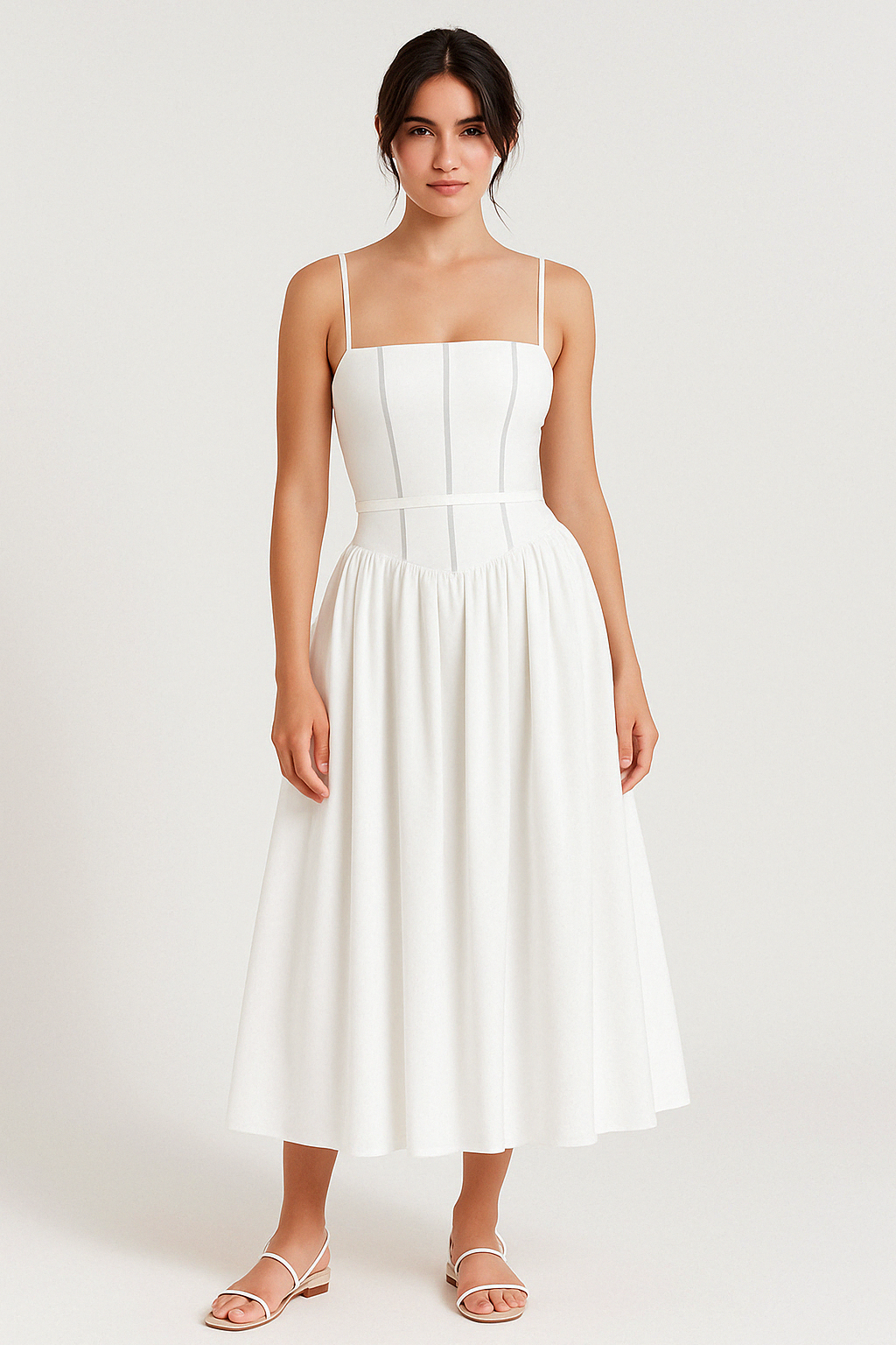 Women’s Midi Dress – Slim Fit – Square Neck – Spaghetti Straps – Flared Skirt