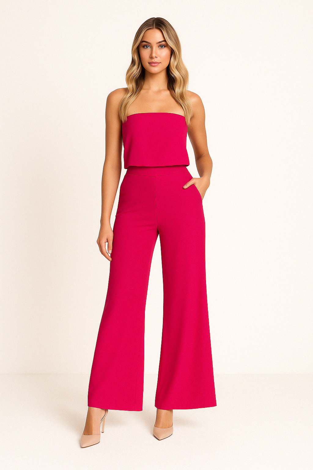 Women’s Matching Set – Strapless Crop Top – High Waist Flared Trousers – Soft Breathable Fabric