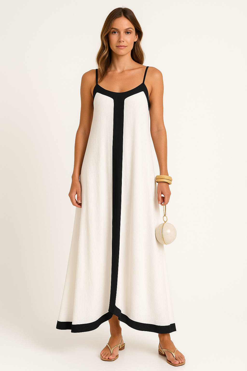 Women’s Maxi Dress – Loose Fit – Lightweight Fabric – Thin Straps – Contrast Detail