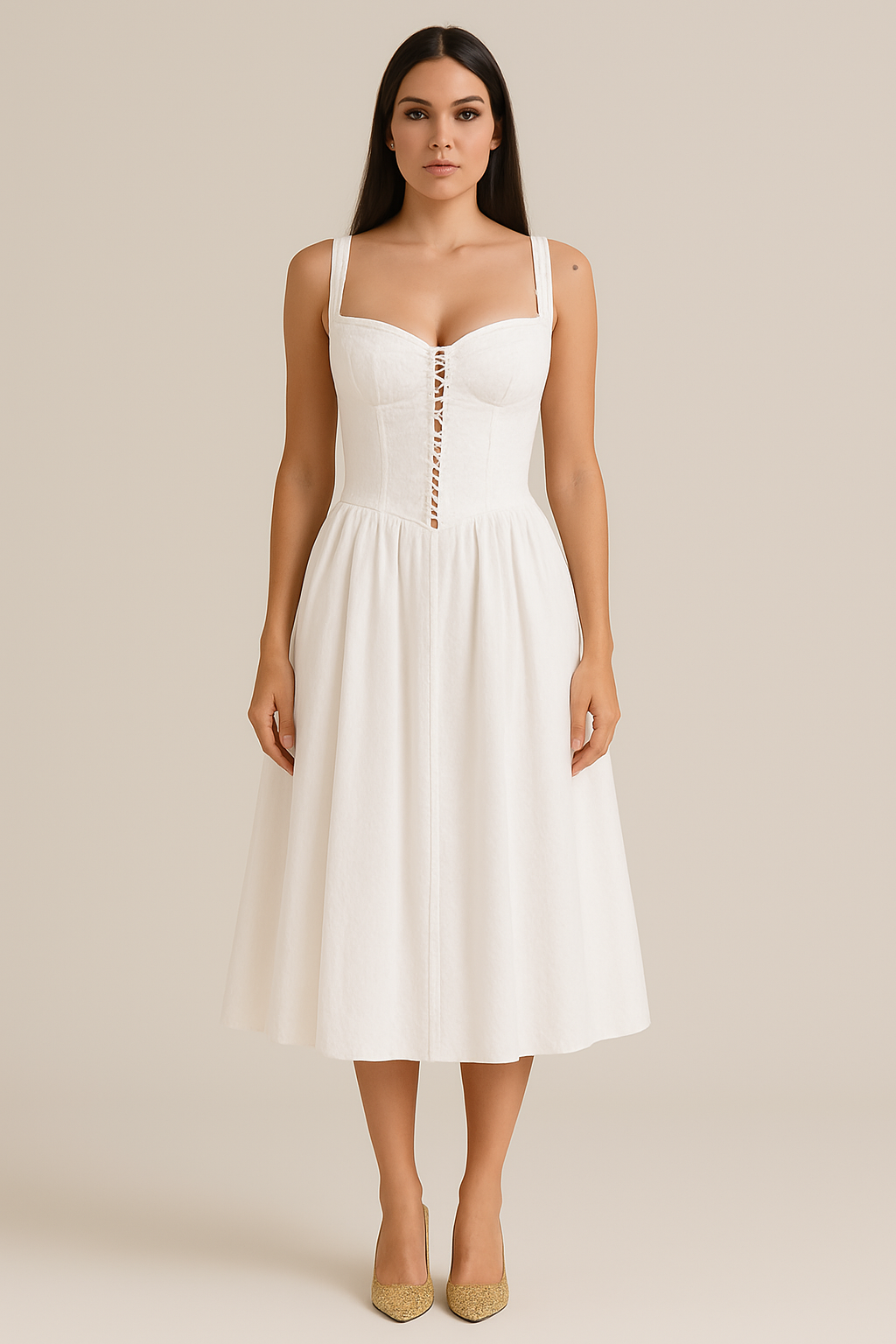 Women’s Midi Dress – Off-Shoulder – Fitted Bodice – Flowing Skirt – Lace Detail