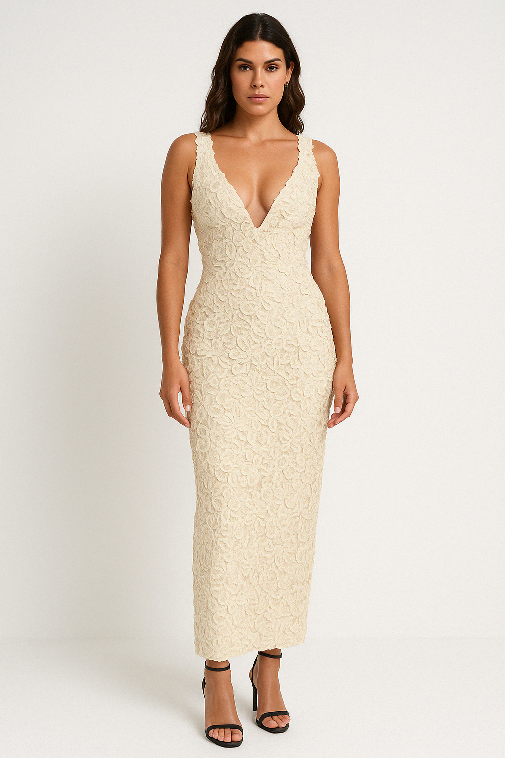 Women’s Evening Dress – Slim Fit – 3D Floral Texture – Plunging Neckline – Ankle Length