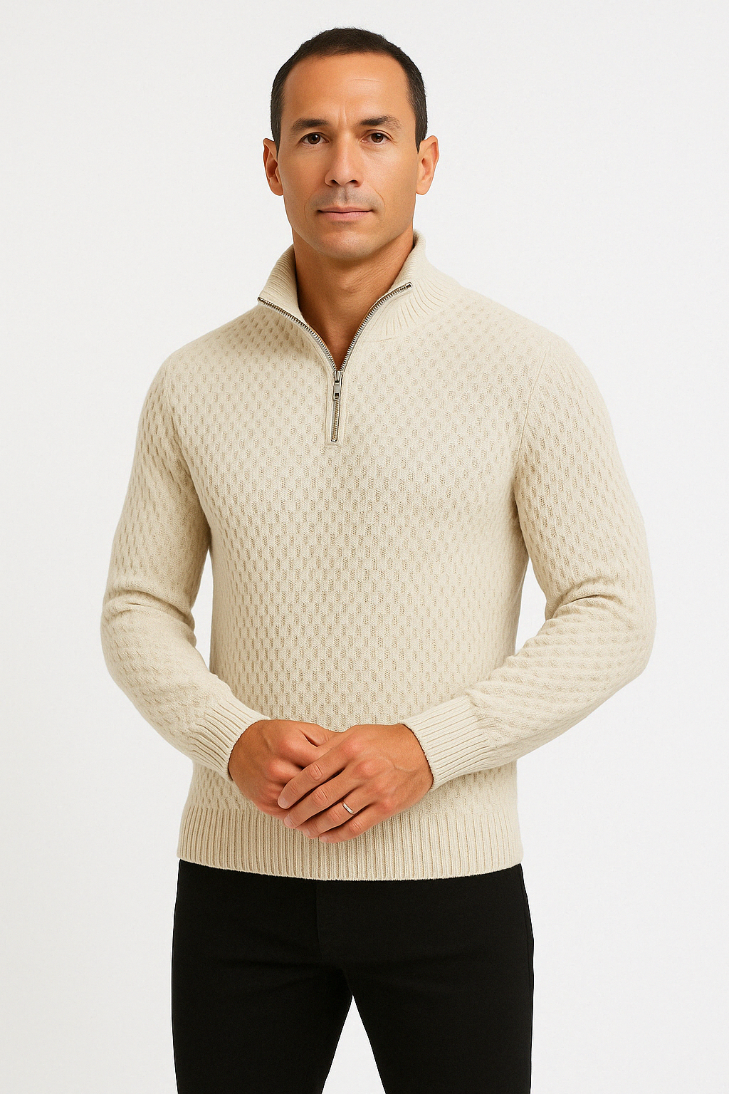 Men’s Half Zip Sweater – Textured Knit – Tailored Fit – Ribbed Trim – Soft Feel