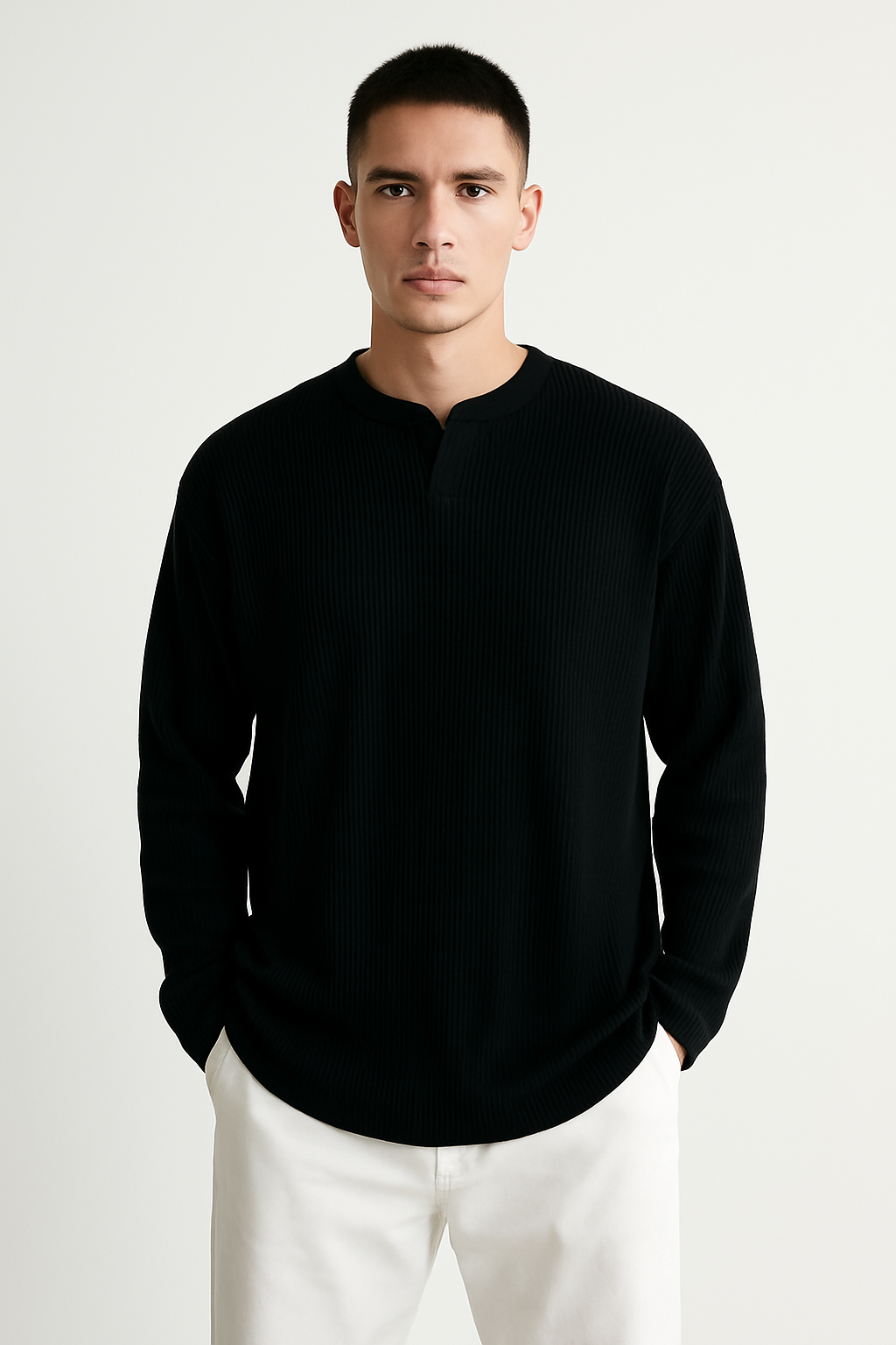 Men’s Long Sleeve T-Shirt – Ribbed Knit – Relaxed Fit – V-Neck Base Layer