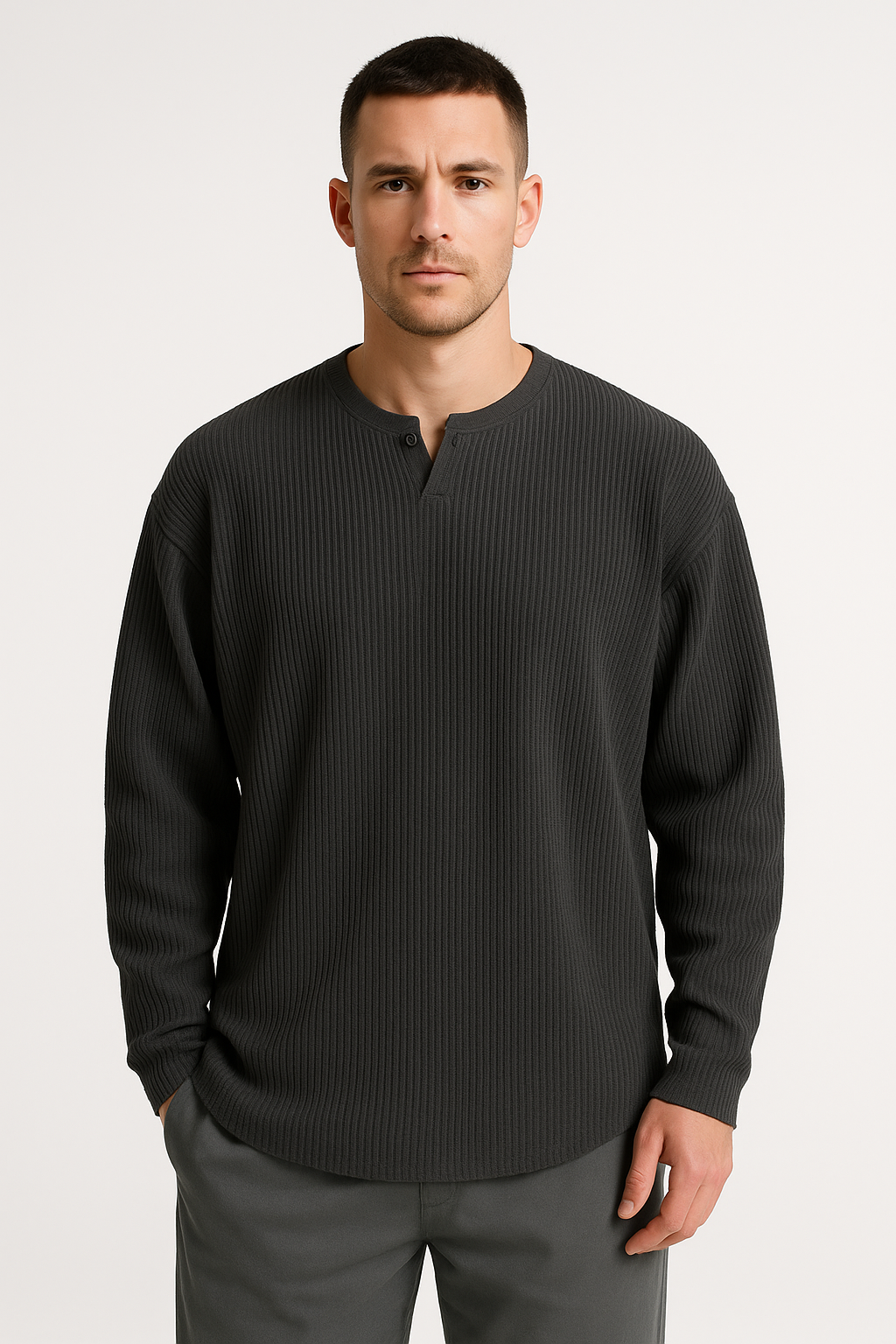 Men’s Long Sleeve T-Shirt – Ribbed Knit – Relaxed Fit – V-Neck Base Layer