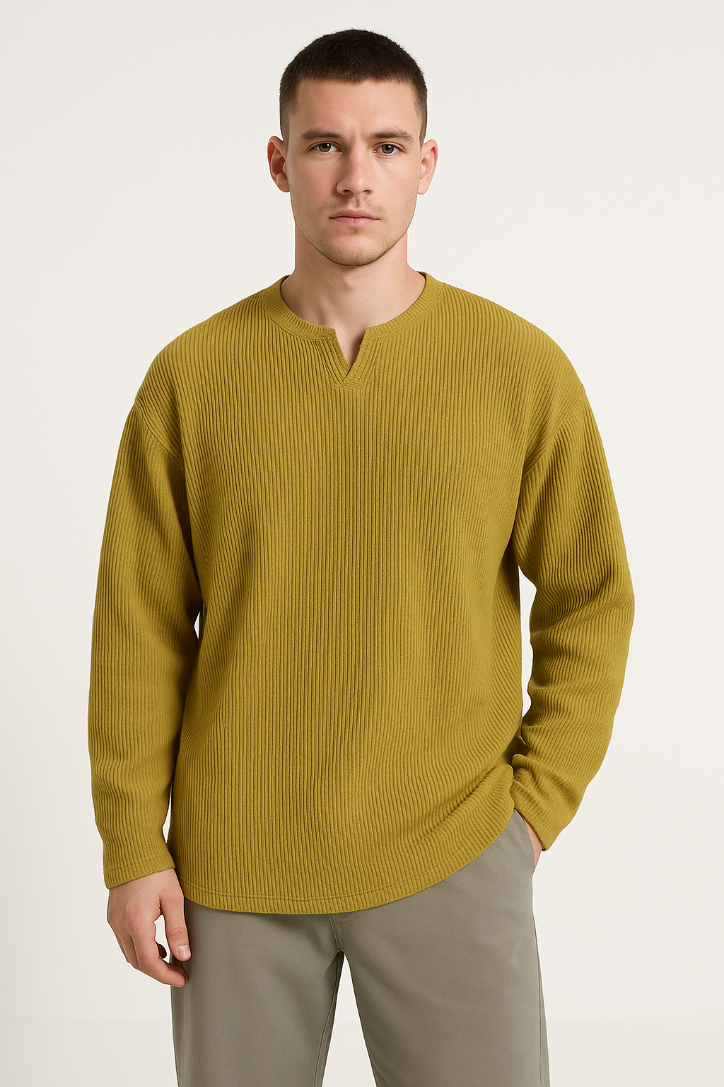 Men’s Long Sleeve T-Shirt – Ribbed Knit – Relaxed Fit – V-Neck Base Layer