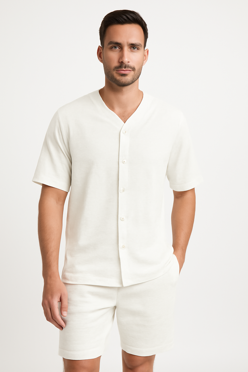 Men’s Two-Piece Set – V-Neck Button Shirt – Relaxed Fit Shorts – Breathable Cotton