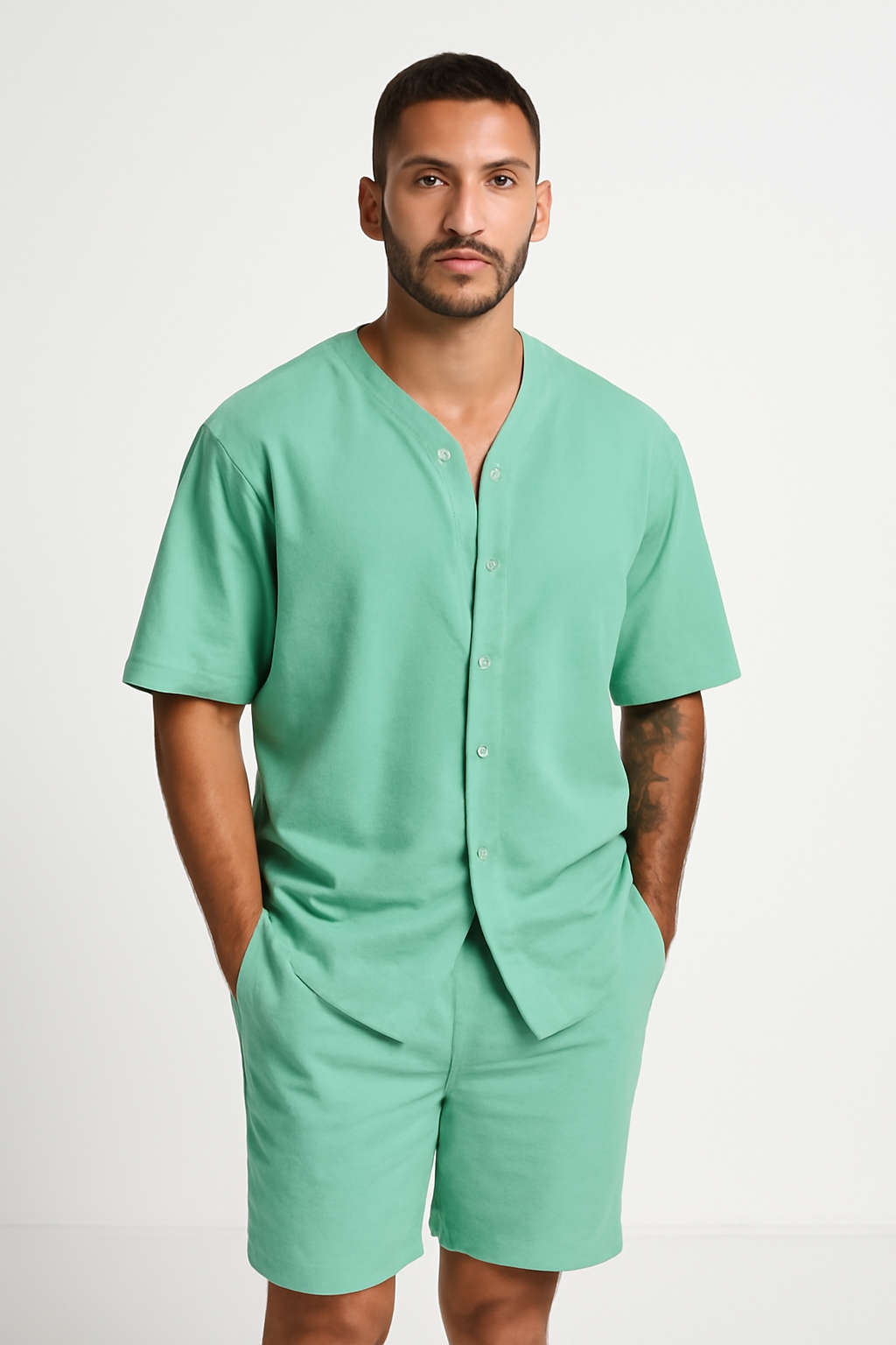 Men’s Two-Piece Set – V-Neck Button Shirt – Relaxed Fit Shorts – Breathable Cotton