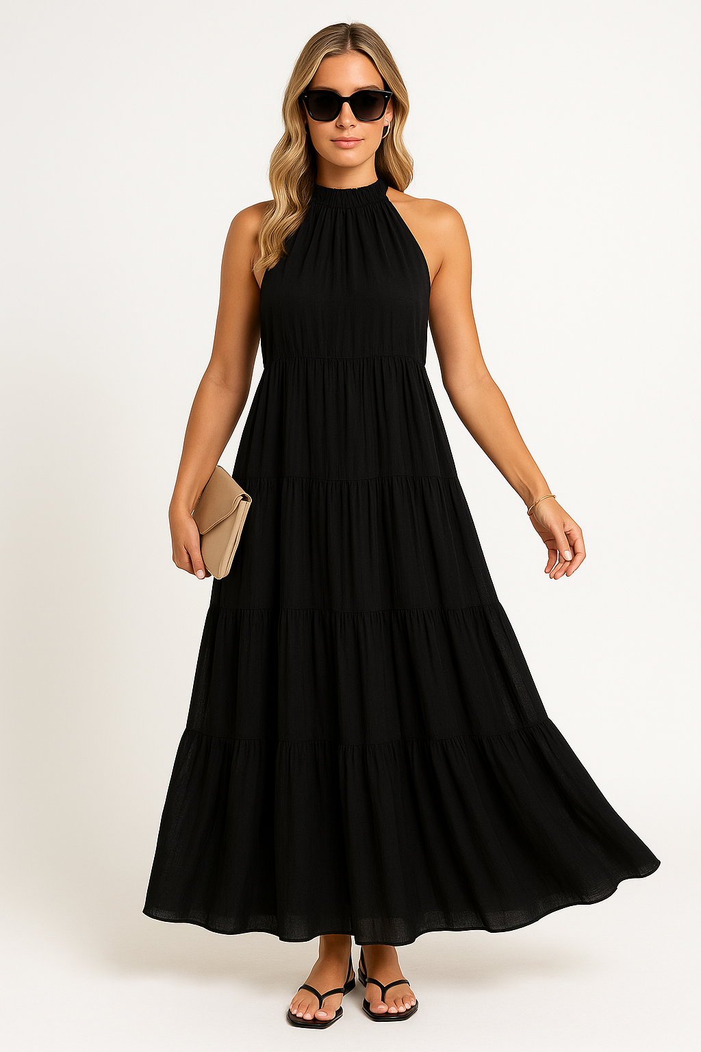 Women’s Halter Dress – Lightweight Cotton Blend – Tiered Skirt – Cinched Waist Fit