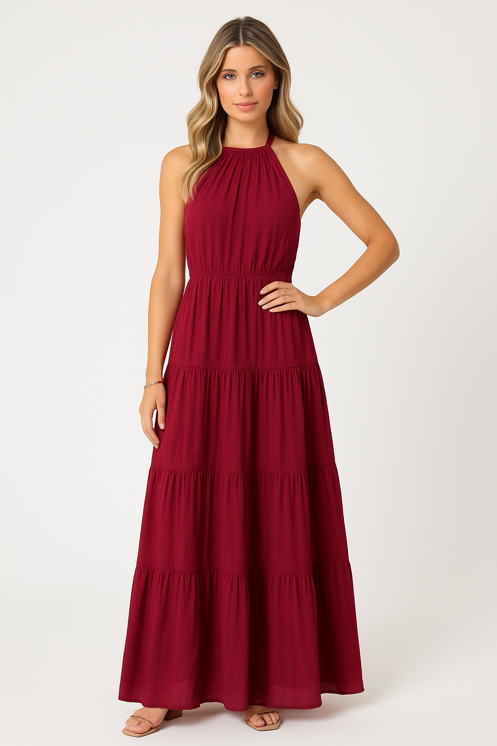 Women’s Halter Dress – Lightweight Cotton Blend – Tiered Skirt – Cinched Waist Fit