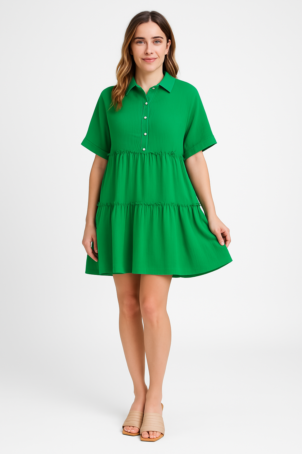 Women’s Mini Dress – Cotton Linen Blend – Loose Fit – Tiered – Collared Short Sleeve