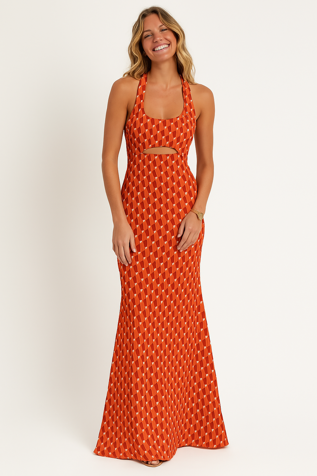 Women’s Long Dress – Slim Fit Halter Neck – Cut-Out Detail – Geometric Print – Breathable Fabric