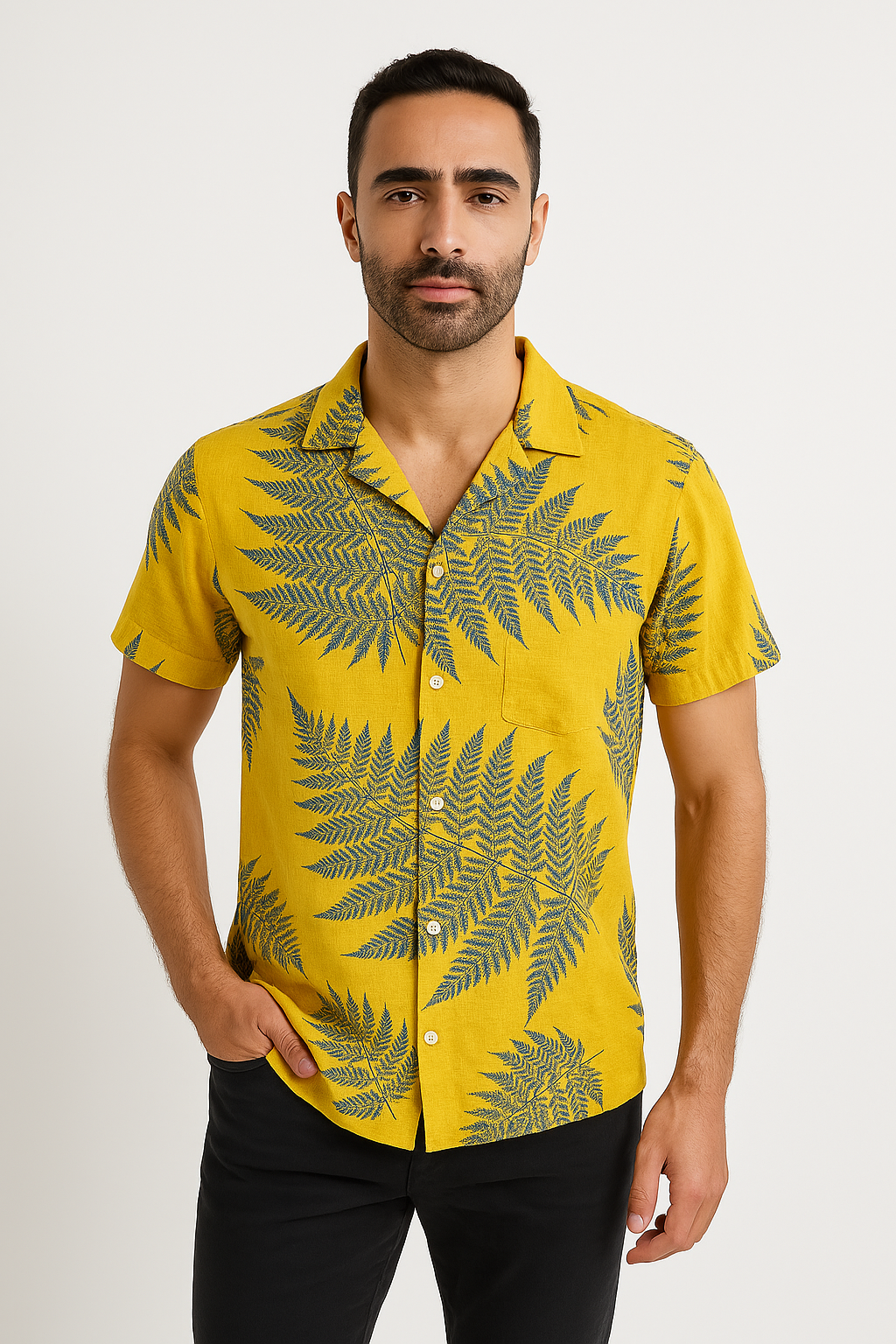 Men’s Short Sleeve Shirt – Relaxed Fit – Lightweight Breathable Cotton Blend – Leaf Print