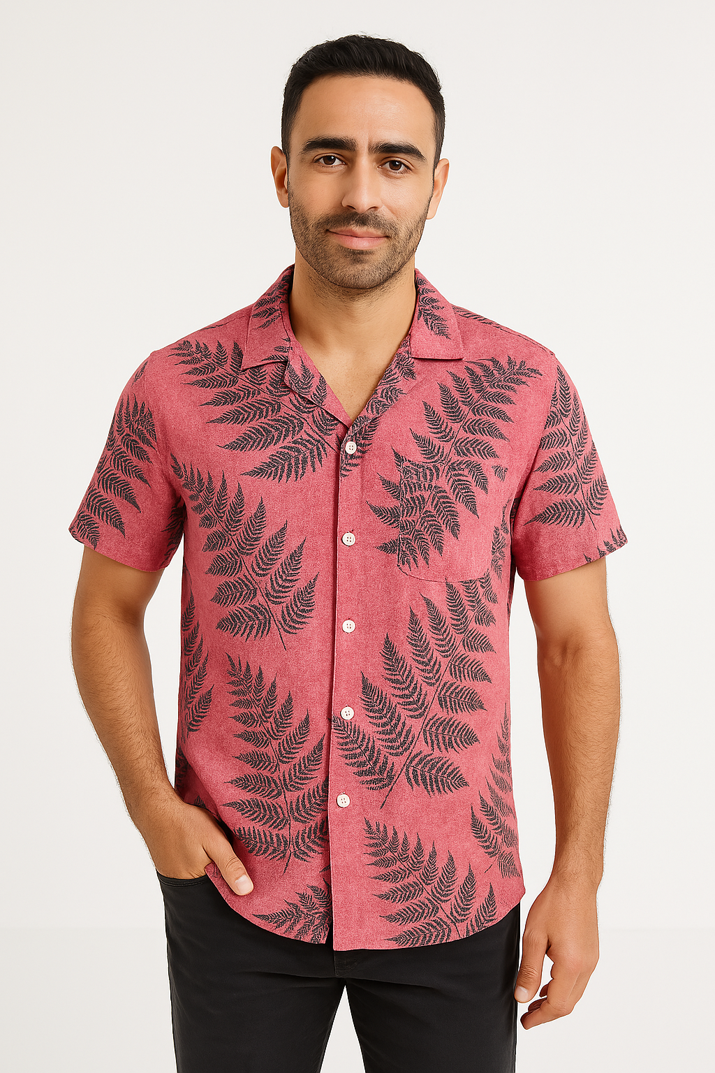 Men’s Short Sleeve Shirt – Relaxed Fit – Lightweight Breathable Cotton Blend – Leaf Print