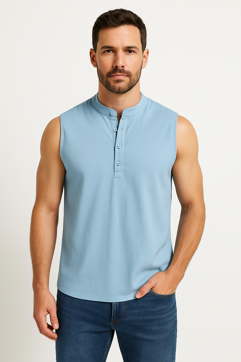 Men’s Sleeveless Vest – Cotton Blend – Relaxed Fit – Mandarin Collar – Half Button