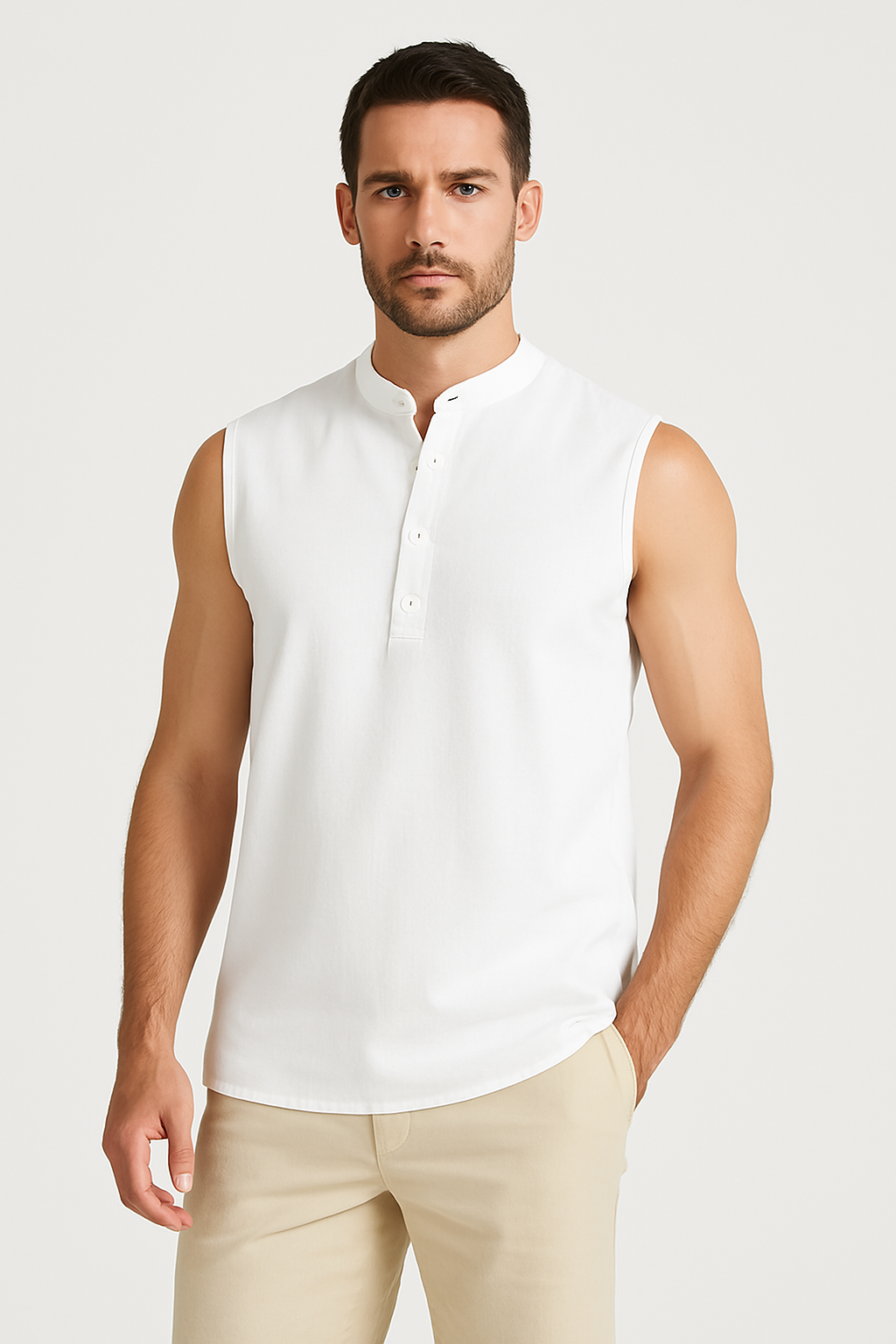 Men’s Sleeveless Vest – Cotton Blend – Relaxed Fit – Mandarin Collar – Half Button