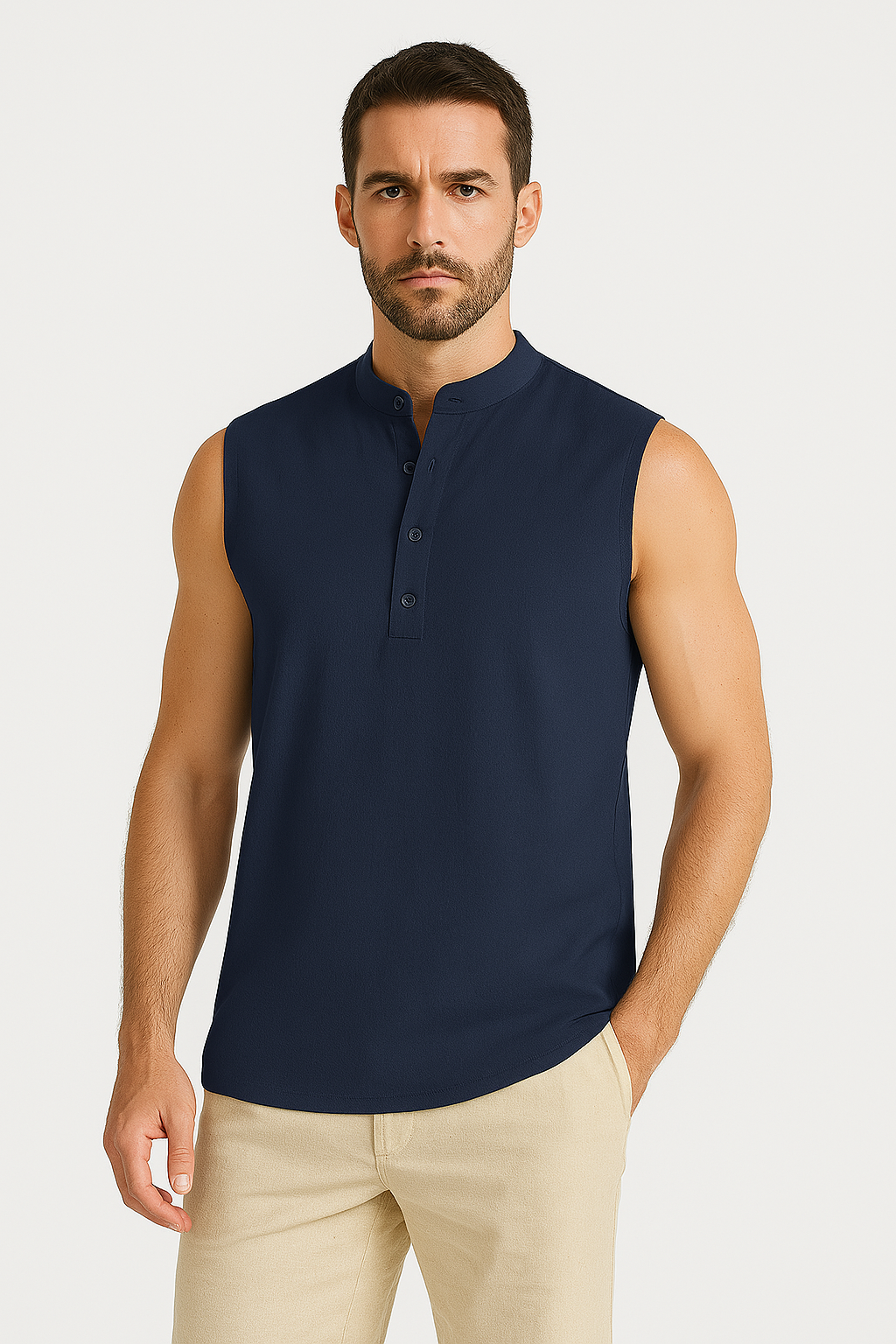 Men’s Sleeveless Vest – Cotton Blend – Relaxed Fit – Mandarin Collar – Half Button