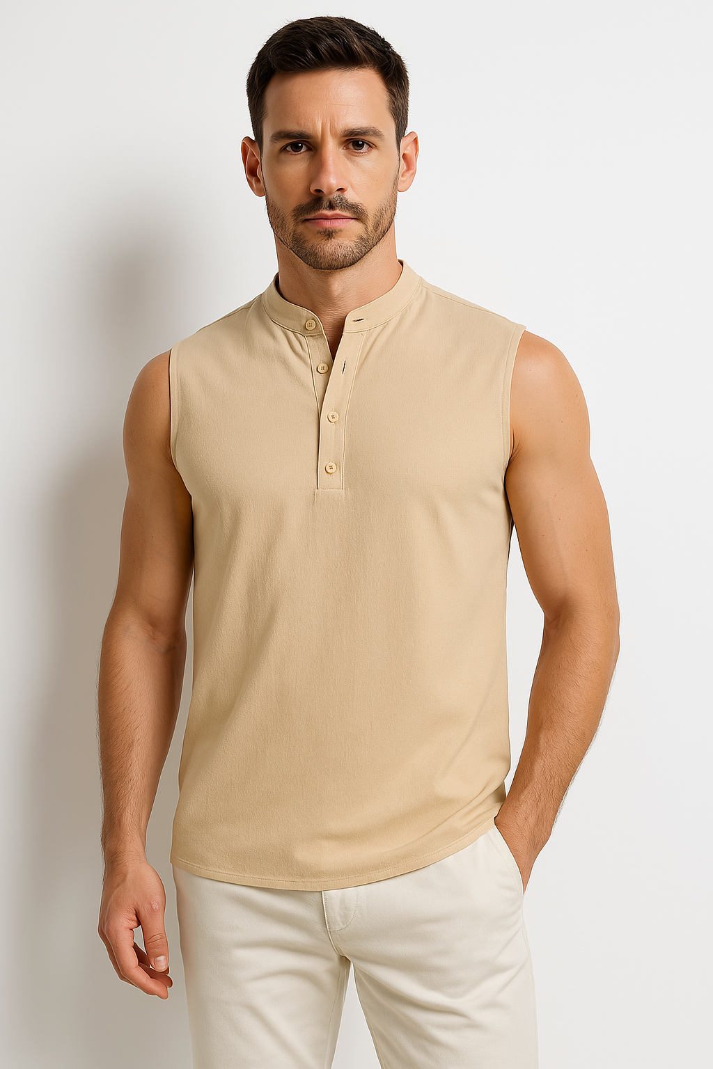 Men’s Sleeveless Vest – Cotton Blend – Relaxed Fit – Mandarin Collar – Half Button