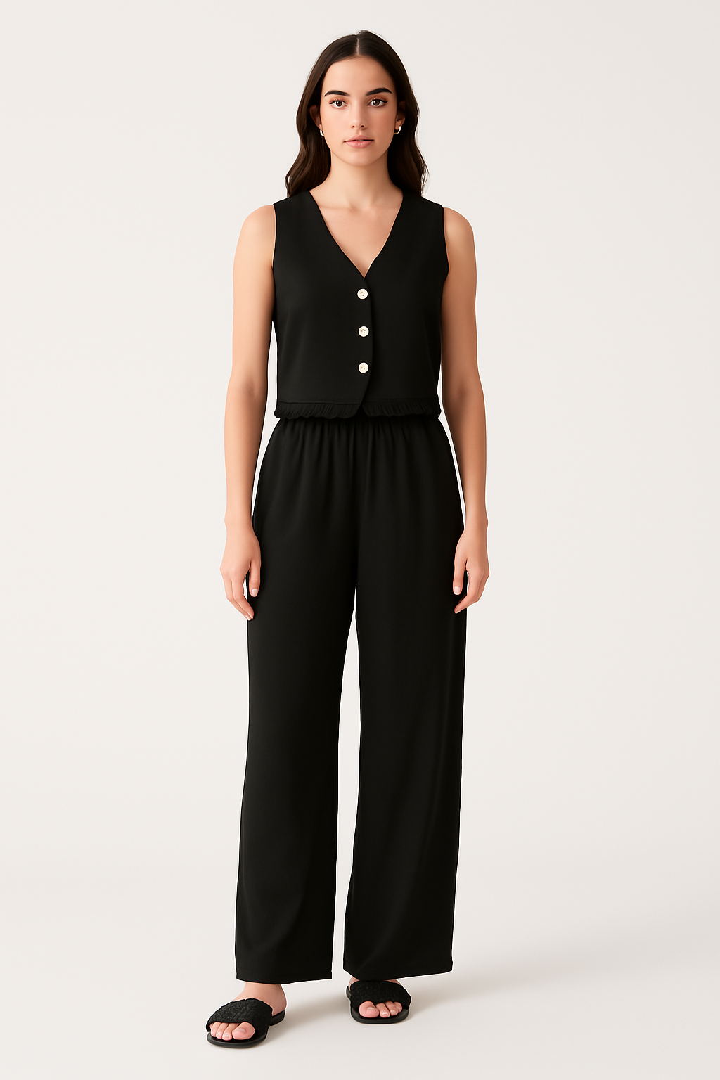 Women’s Vest and Wide-Leg Trousers Set – Tailored Fit – Lace Trim – High Waist – Breathable