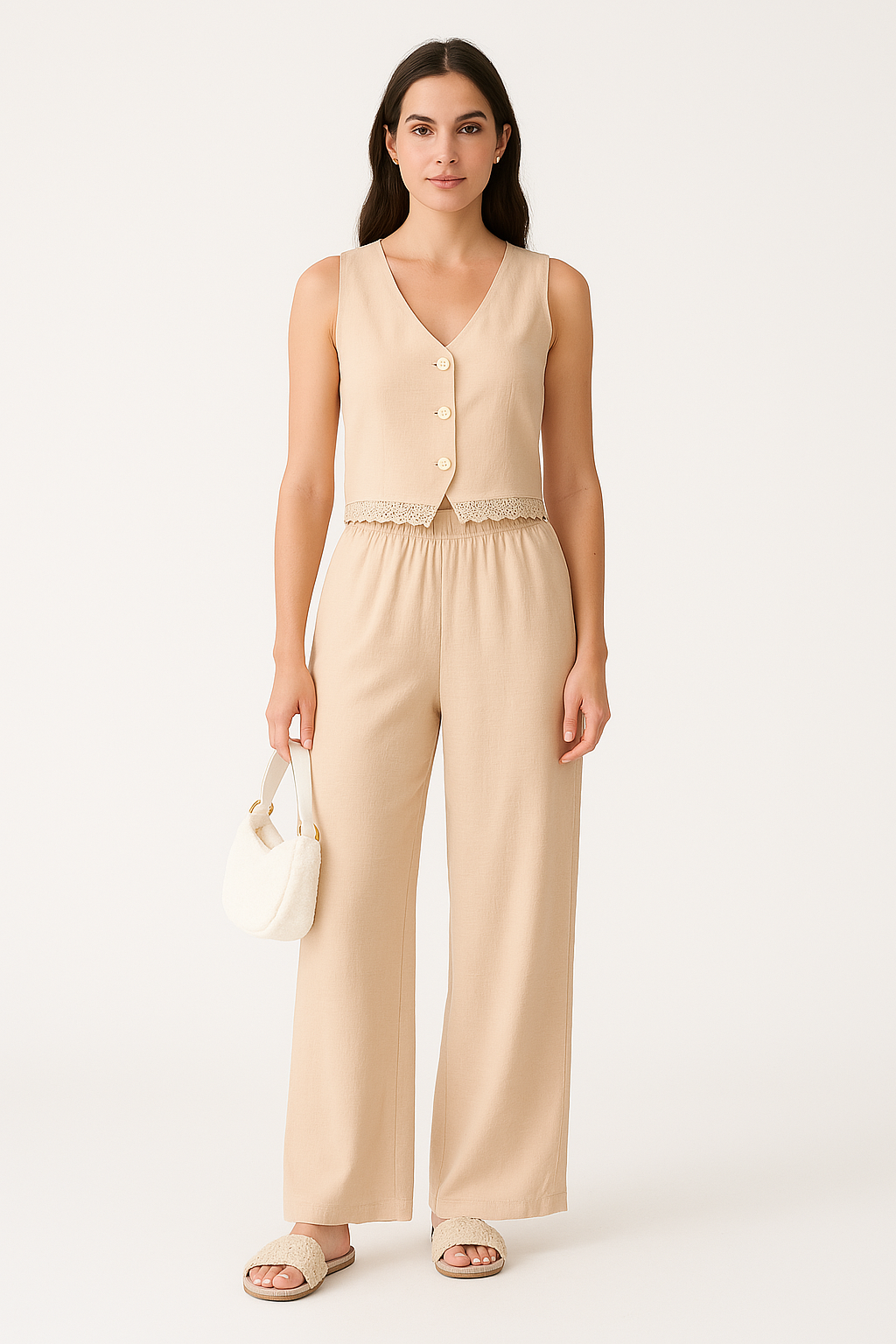 Women’s Vest and Wide-Leg Trousers Set – Tailored Fit – Lace Trim – High Waist – Breathable