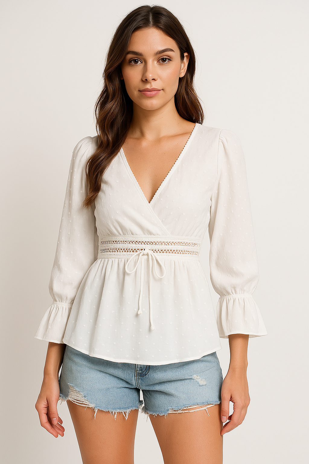 Women’s V-Neck Top – Relaxed Fit – Tie Waist – Puff Sleeves – Lace Trim – Cotton Feel