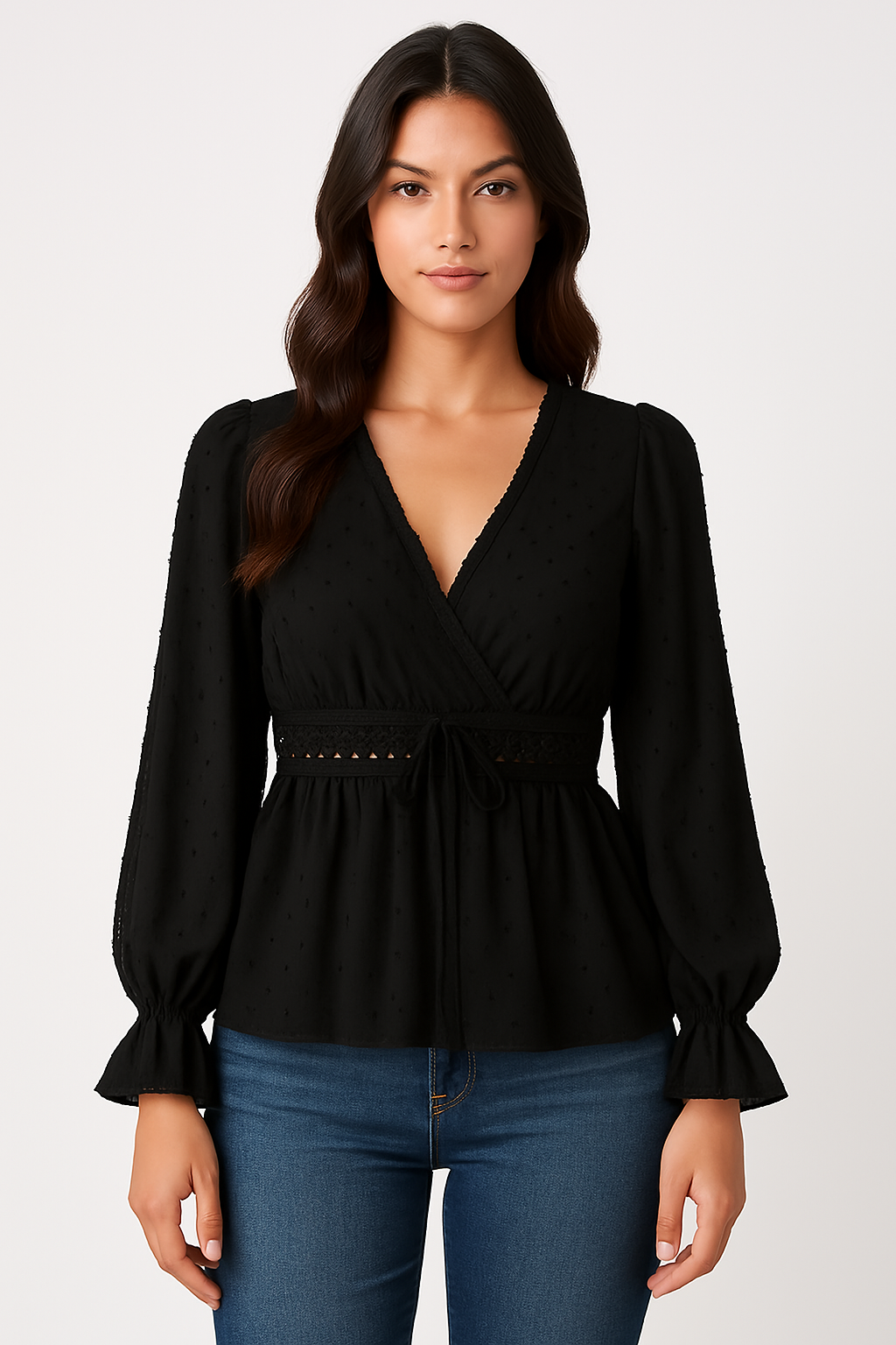 Women’s V-Neck Top – Relaxed Fit – Tie Waist – Puff Sleeves – Lace Trim – Cotton Feel