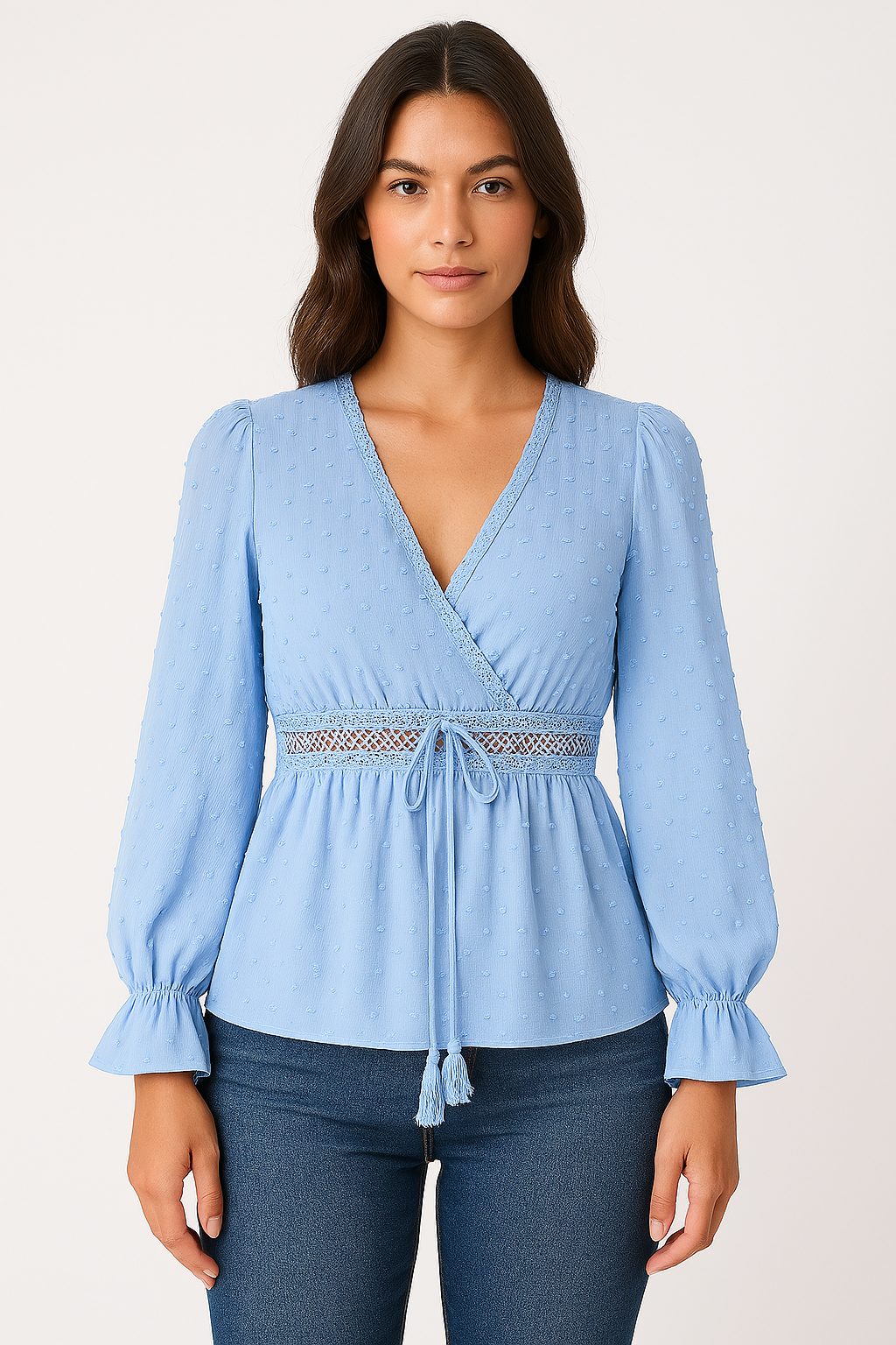 Women’s V-Neck Top – Relaxed Fit – Tie Waist – Puff Sleeves – Lace Trim – Cotton Feel