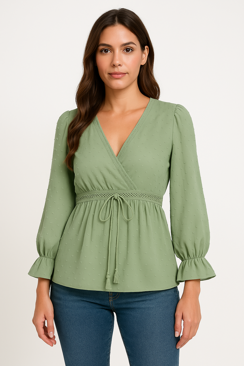 Women’s V-Neck Top – Relaxed Fit – Tie Waist – Puff Sleeves – Lace Trim – Cotton Feel
