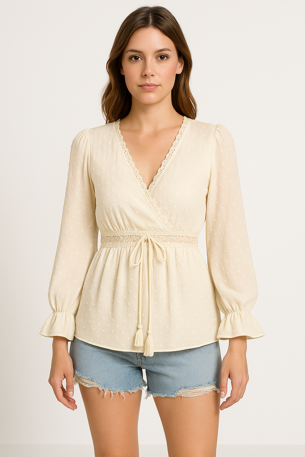 Women’s V-Neck Top – Relaxed Fit – Tie Waist – Puff Sleeves – Lace Trim – Cotton Feel