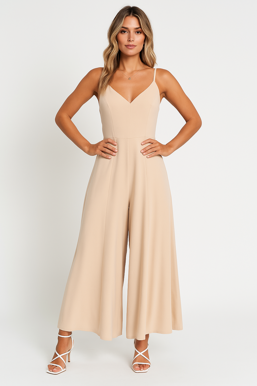 Women’s Jumpsuit – Wide Leg – Deep V-Neck – Spaghetti Straps – Cinched Waist – Relaxed Fit