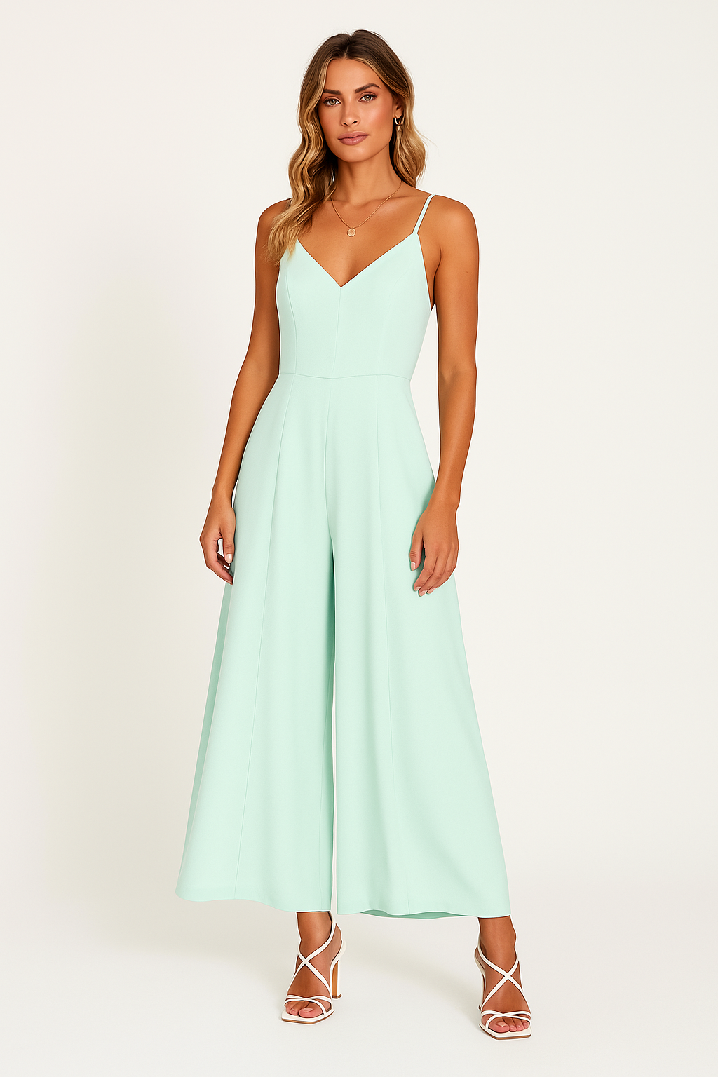 Women’s Jumpsuit – Wide Leg – Deep V-Neck – Spaghetti Straps – Cinched Waist – Relaxed Fit