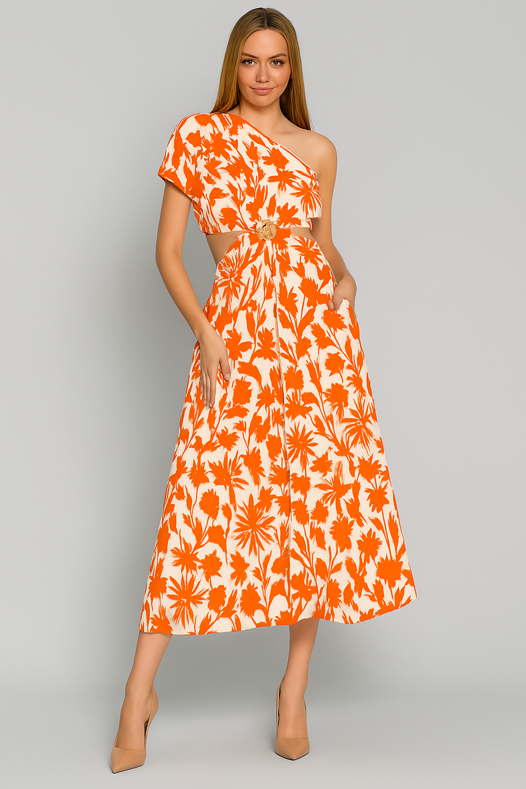 Women’s Jumpsuit – One Shoulder – Waist Cut-Out – Wide Leg – Floral Cotton Blend