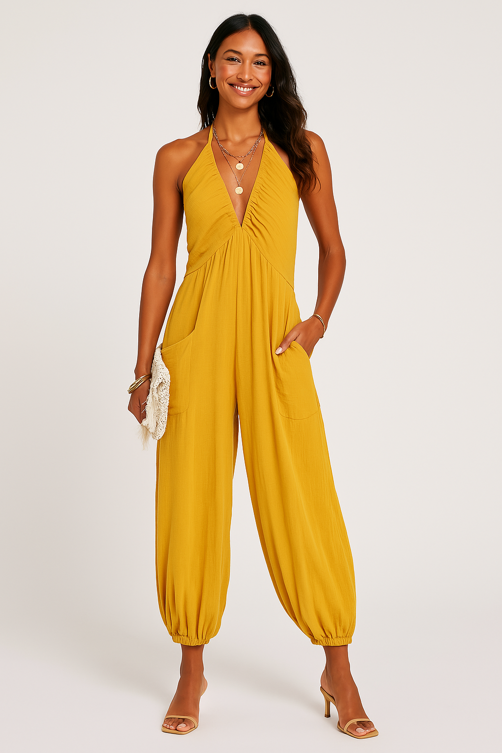 Women’s Halter Jumpsuit – Lightweight Fabric – Deep V-Neck – Tapered Leg – Pockets